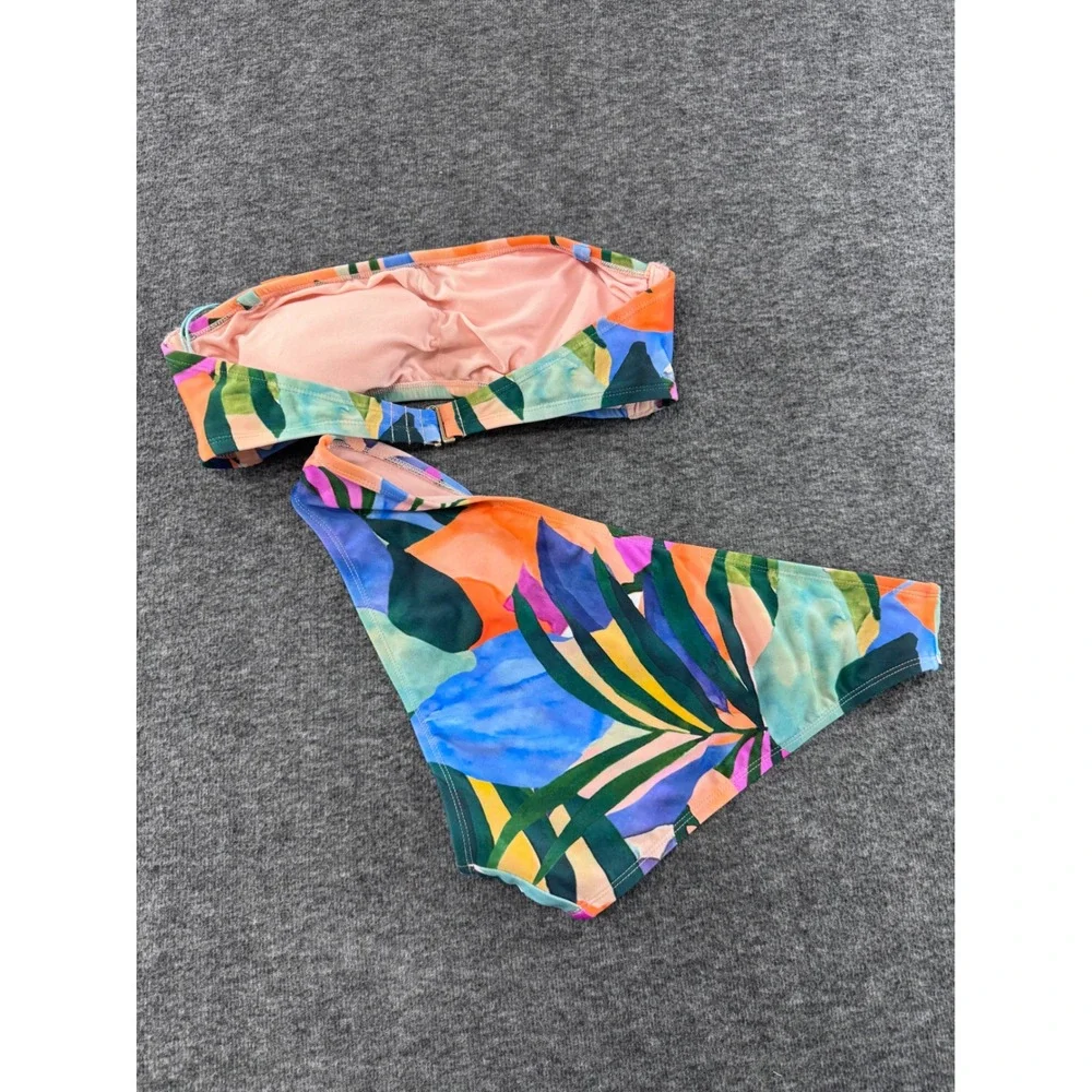 Kona Sol Tropical Floral Bandeau Bikini Set Blue Orange M Top L Bottoms